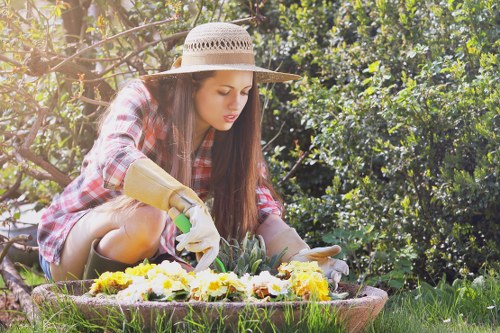 A young woman wearing a wide-brimmed straw hat, a red plaid shirt, and gardening gloves is kneeling on a lush, green lawn in a garden located in Greenwich. She is attentively tending to a colorful flower bed that features various blooming flowers in shades of yellow, white, and purple. Behind her, a dense hedge of evergreen shrubs creates a natural boundary, with sunlight filtering through the foliage, illuminating the scene. The garden surface includes well-maintained grass, a flower bed bordered by soil, and patches of natural mulch, indicating careful landscaping. The outdoor environment reflects a neat and organized landscaped yard typical of residential gardens in the Greenwich area. Such a setting supports professional gardening services aimed at maintaining healthy lawns, vibrant flower displays, and well-shaped hedges, consistent with the expertise of Landscapers Greenwich. The weather appears clear and mild, ideal for outdoor gardening activities, with natural light enhancing the details of the garden’s textures and colors.
