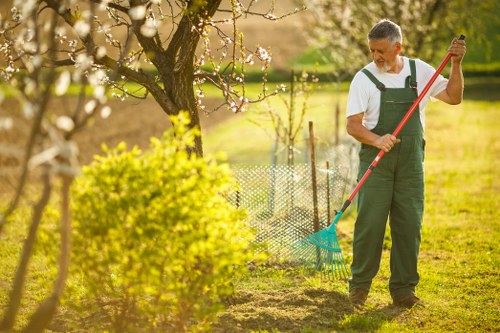 A man wearing dark green gardening overalls and a white t-shirt is standing in a well-maintained backyard garden, using a red-handled garden rake to tend to the soil near a bush with green foliage. The garden features a lush grassy lawn, a small flower bed bordered by soil, and a blooming tree with white flowers in the background. A decorative wire fence runs along the edge of the garden, and in the distance, there are more trees and natural vegetation, indicating a peaceful outdoor environment. The scene is bathed in warm sunlight, suggesting a clear, pleasant day, typical of outdoor garden maintenance in Greenwich. The image reflects professional gardening and landscaping work, highlighting lawn care and soil preparation activities relevant to local gardening services by Landscapers Greenwich.